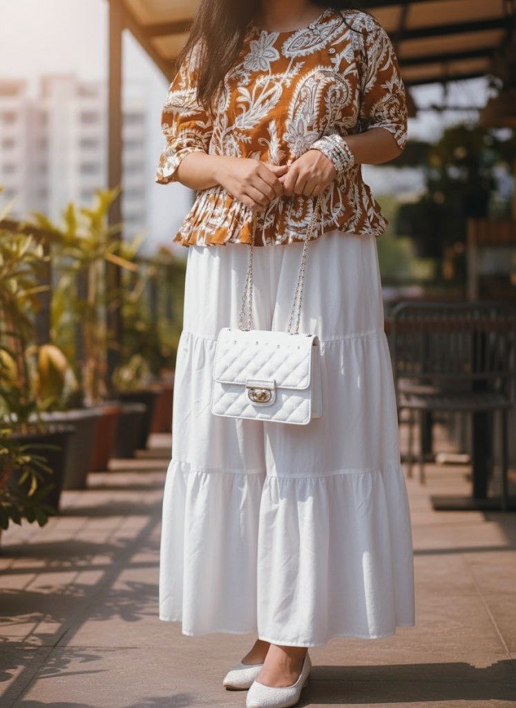Paisley Print Peplum Top & Tiered White Skirt Set - Two-Piece Fusion Wear