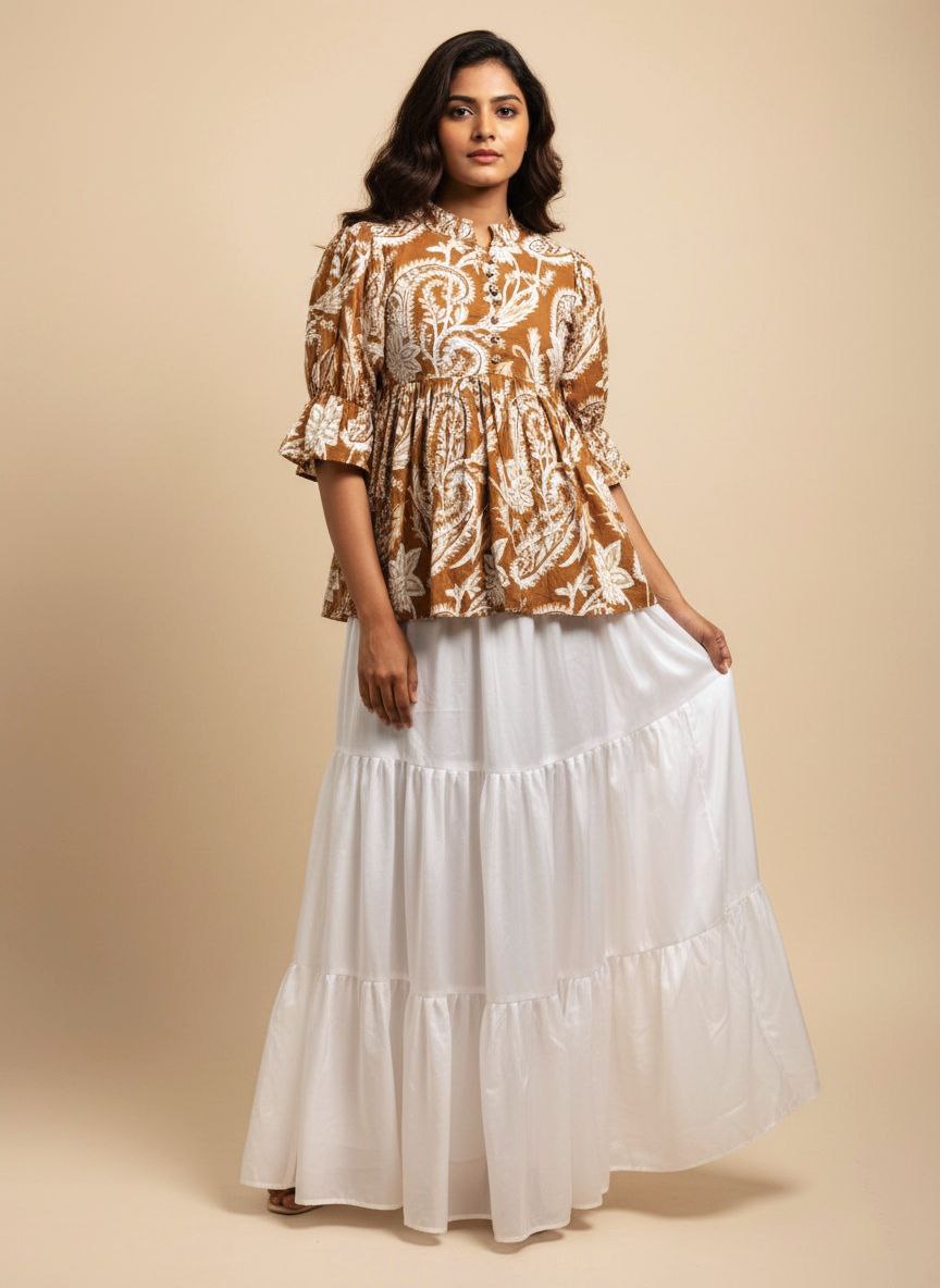 Paisley Print Peplum Top & Tiered White Skirt Set - Two-Piece Fusion Wear