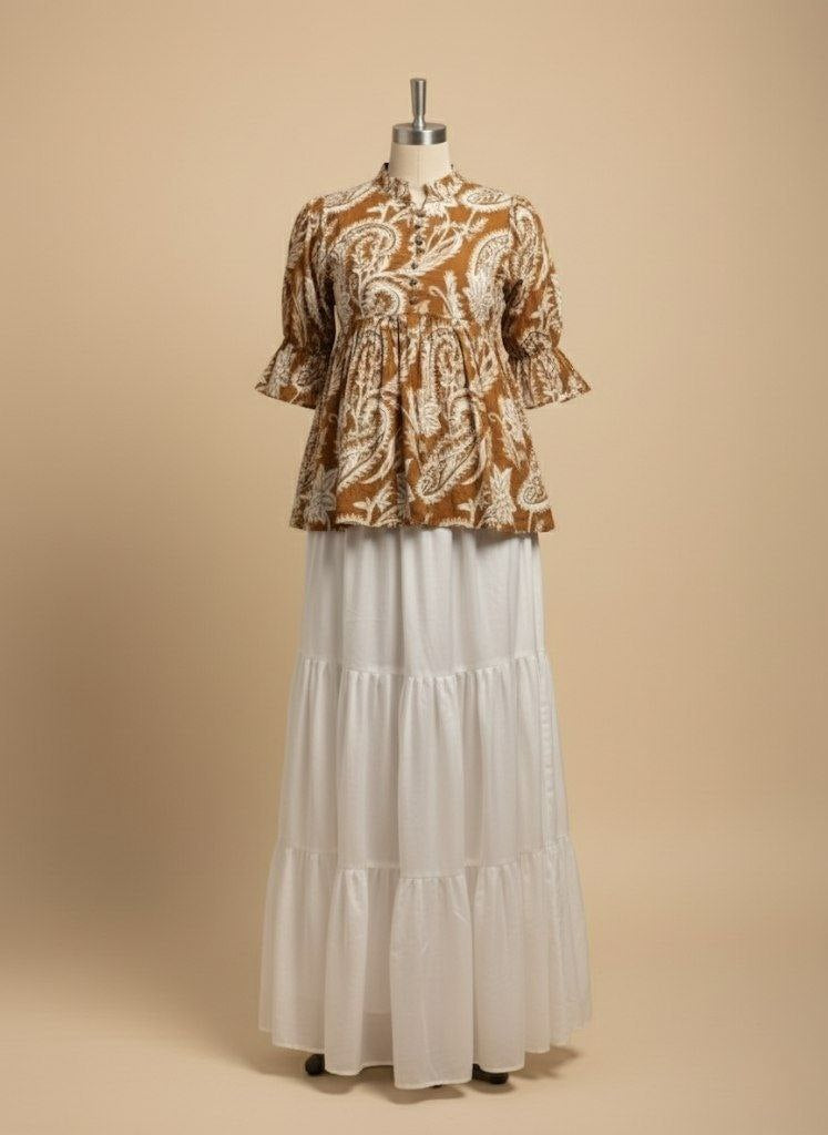 Paisley Print Peplum Top & Tiered White Skirt Set - Two-Piece Fusion Wear
